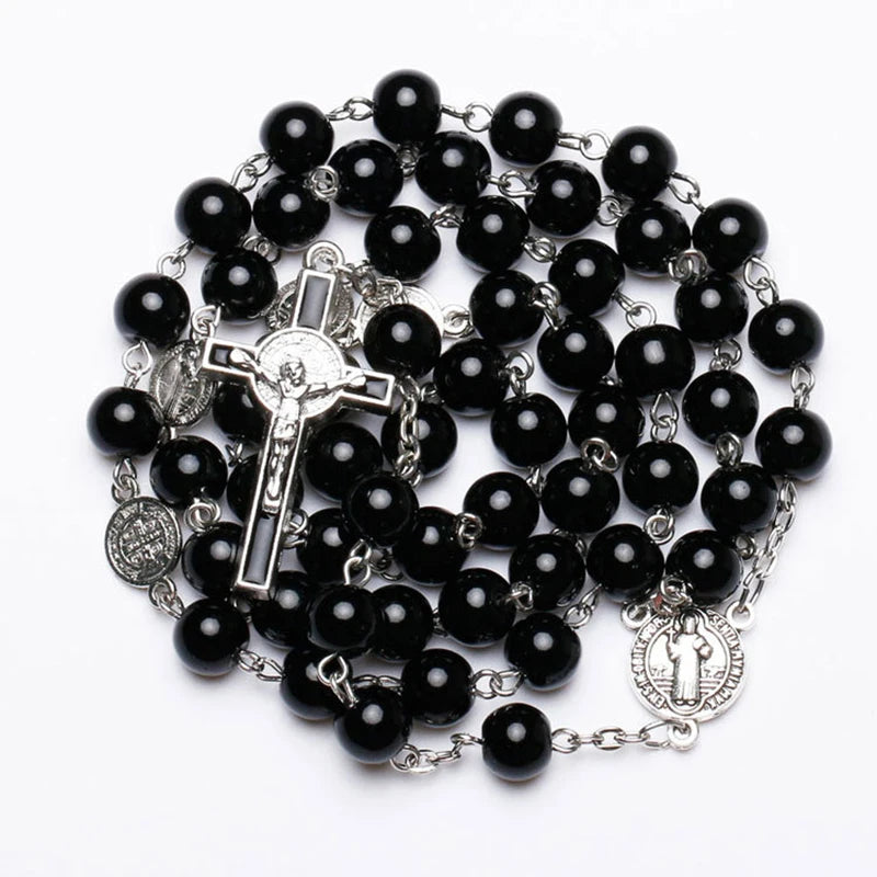 Catholic Black Rosary Beads Necklace – Long Cross Pendant Religious Jewelry for Men & Women - Image 2