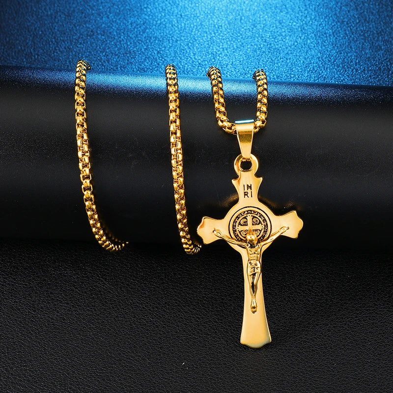INRI Jesus Cross Necklaces Pendants Stainless Steel Exorcism St. Benedict Crucifix Necklace For Men Jewelry - Image 2