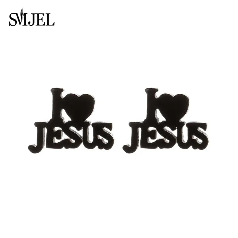 2025 Stainless Steel Jesus Cross Earrings – Men’s Christian Stud Jewelry with Heart Charm - Image 2