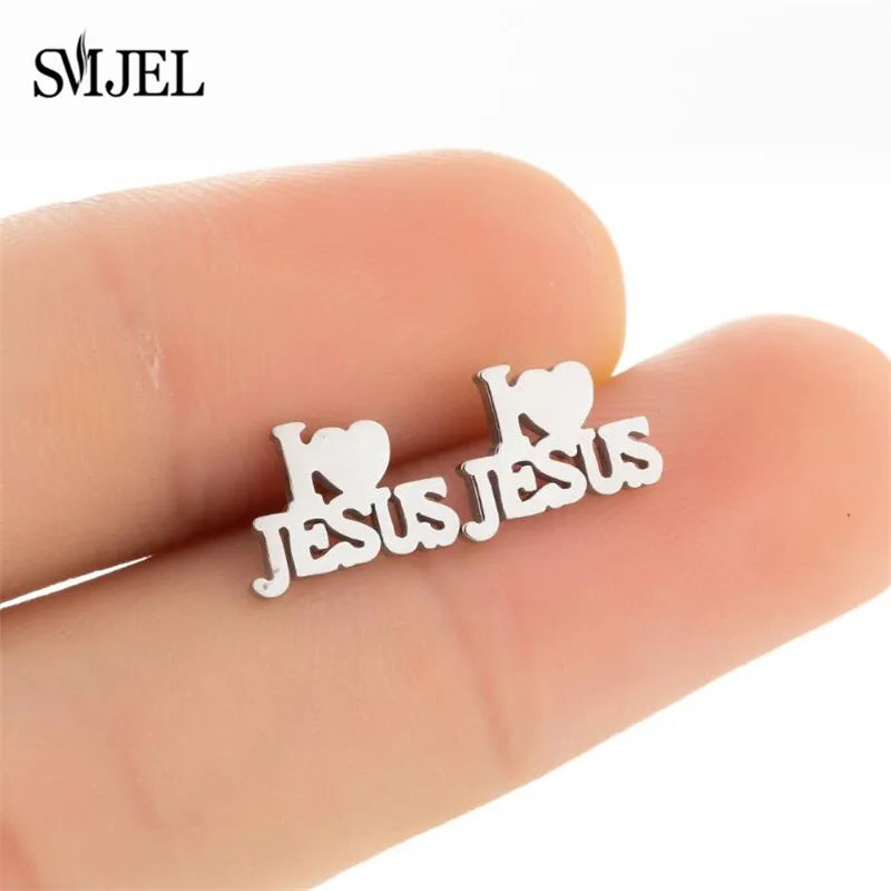 2025 Stainless Steel Jesus Cross Earrings – Men’s Christian Stud Jewelry with Heart Charm - Image 4