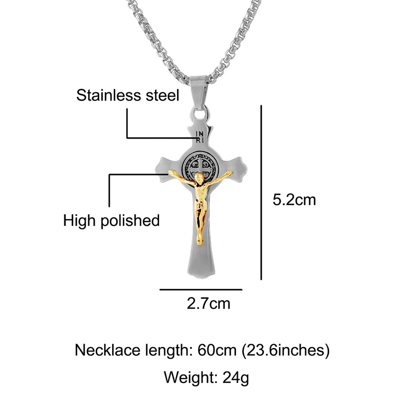 INRI Jesus Cross Necklaces Pendants Stainless Steel Exorcism St. Benedict Crucifix Necklace For Men Jewelry - Image 6