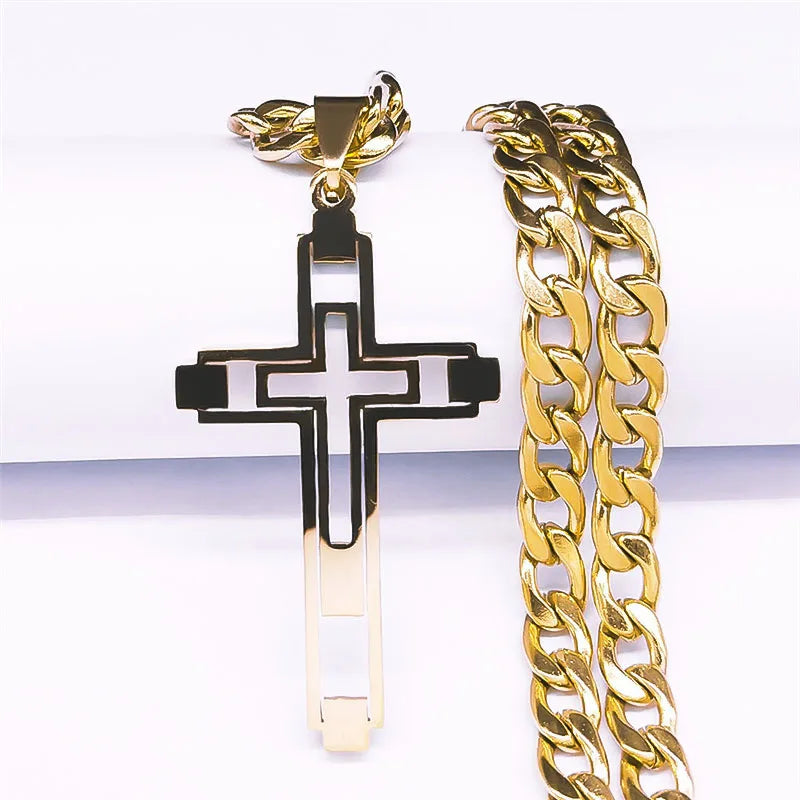 2024 Hip Hop Cross Stainless Steel Chain Necklaces Gold Color Long Pendant Necklace for Women/Men Jewelry collier homme N6055S05 - Image 4