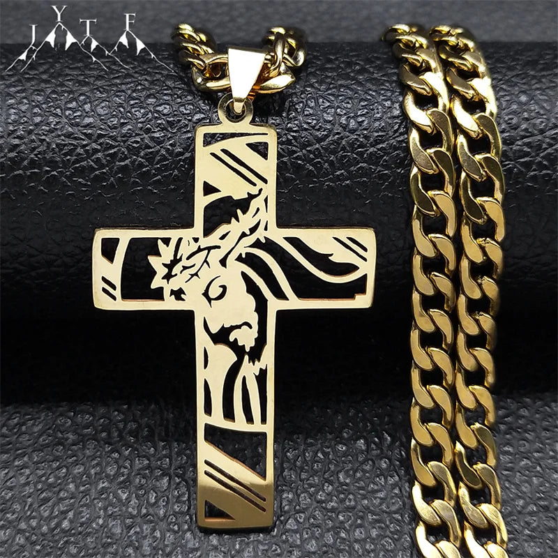 Crown of Thorns Jesus Cross Necklace – Gold-Plated Hip Hop Punk Crucifix Pendant for Men