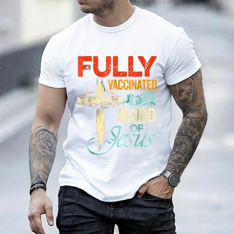 2025 "Vaccinated by the Blood of Jesus" T-Shirt – Funny Christian Streetwear for Men - Image 3