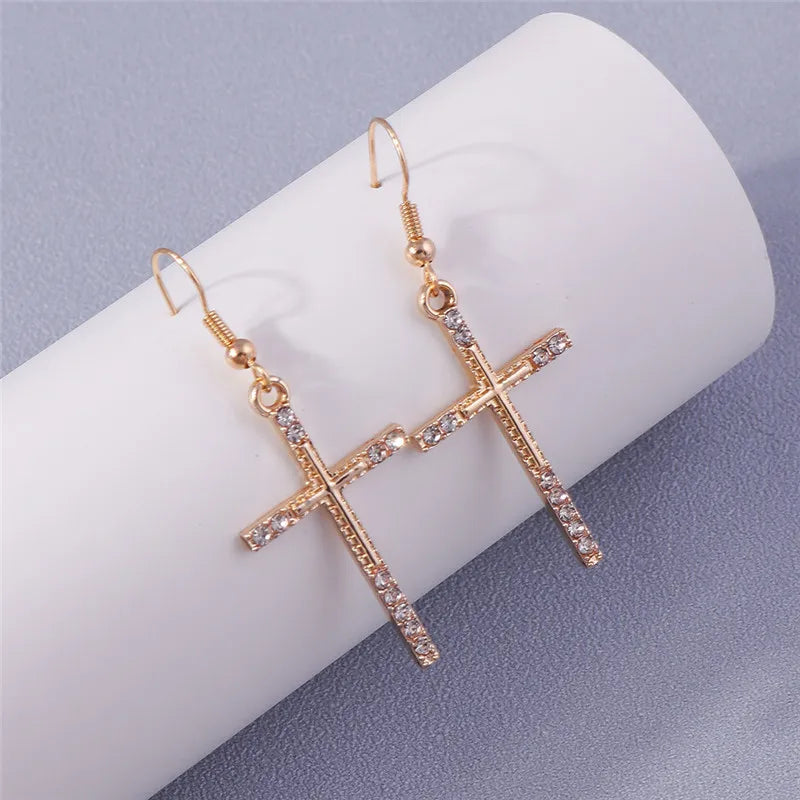 Fashion Zircon Crystal Cross Earrings – Gothic Punk Crucifix Dangle Jewelry for Men & Women - Image 12