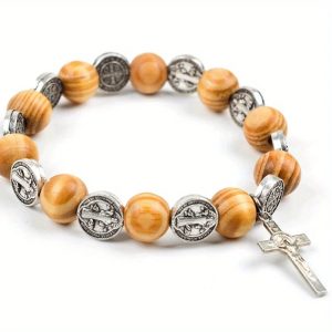 Natural Solid Wood Rosary Bracelet – Elastic Religious Pulsera R-372 for Men & Women
