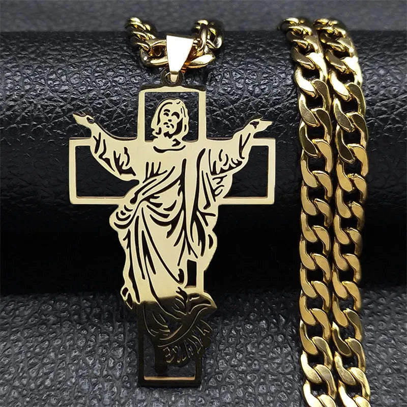 Crown of Thorns Jesus Cross Necklace – Gold-Plated Hip Hop Punk Crucifix Pendant for Men - Image 11