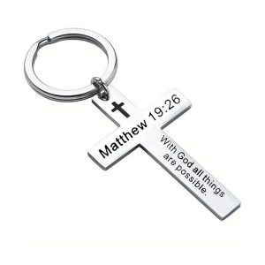 Christian Bible Verse Cross Pendant Keychain – Stainless Steel Religious Gift