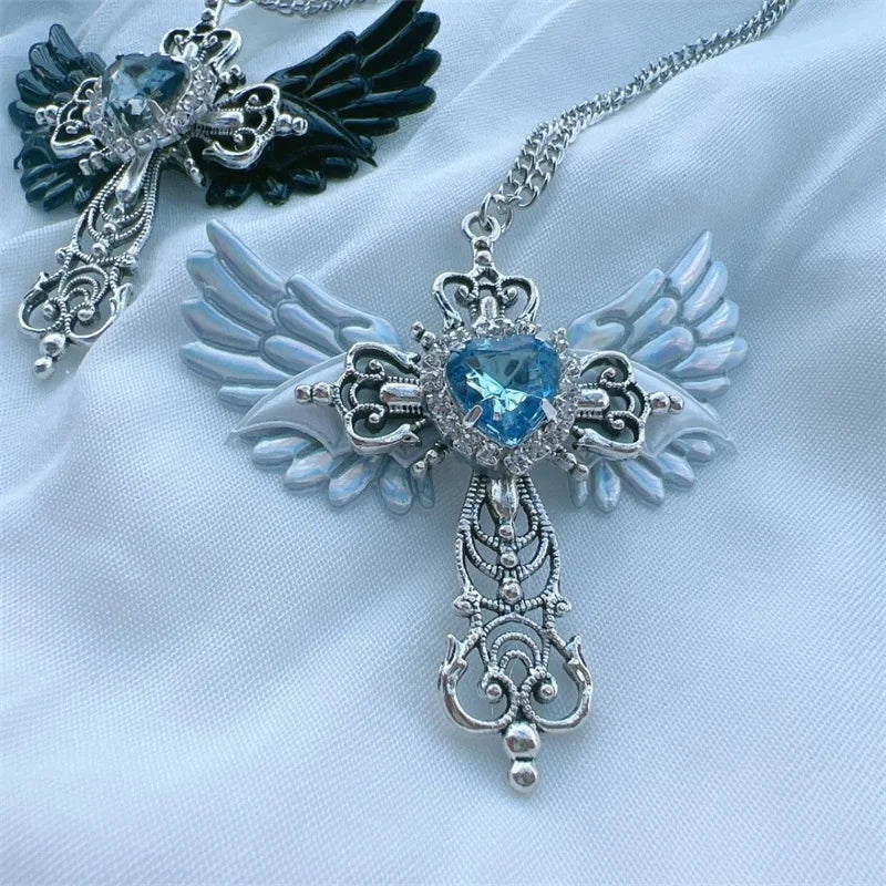 Gothic Wings Cross Pendant Necklace – Y2K Heart Crystal Choker Punk Charm for Women