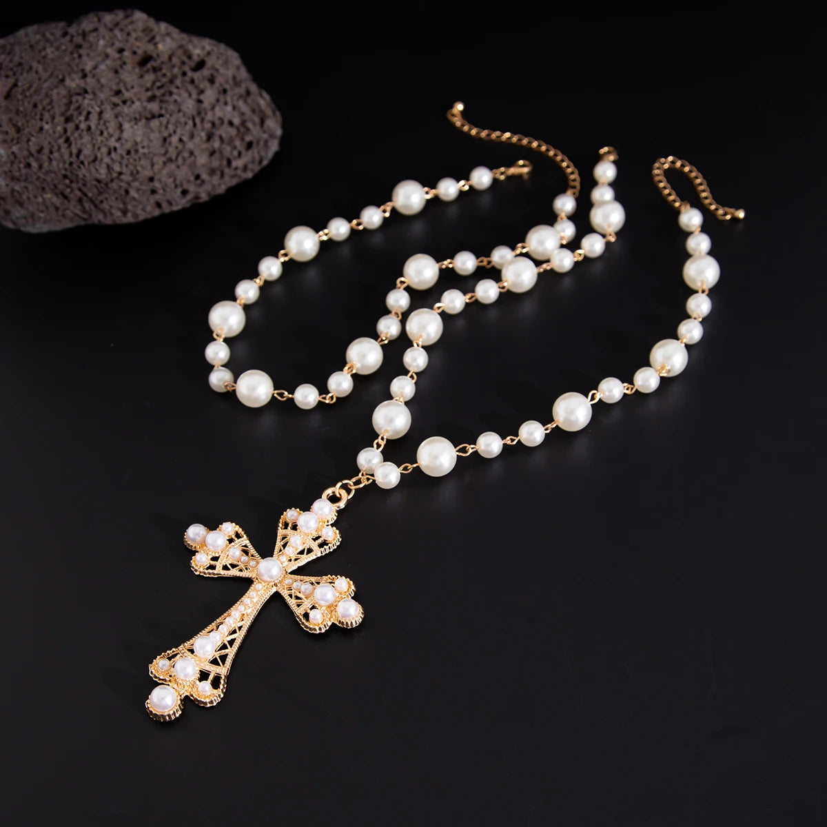 IngeSight.Z Elegant Pearl Cross Choker Necklace – Goth‑Chic 2‑in‑1 Statement Piece - Image 4