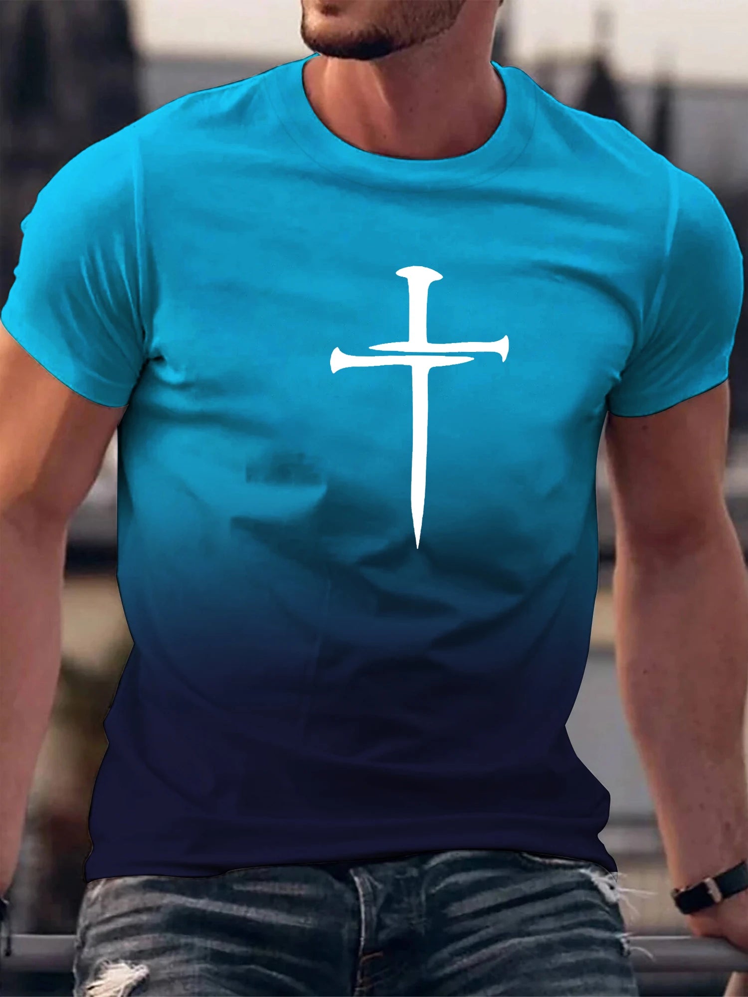 Gradient Christian Cross 3D Print T-Shirt – Men's Fashion Sport & Casual Tee - Image 6