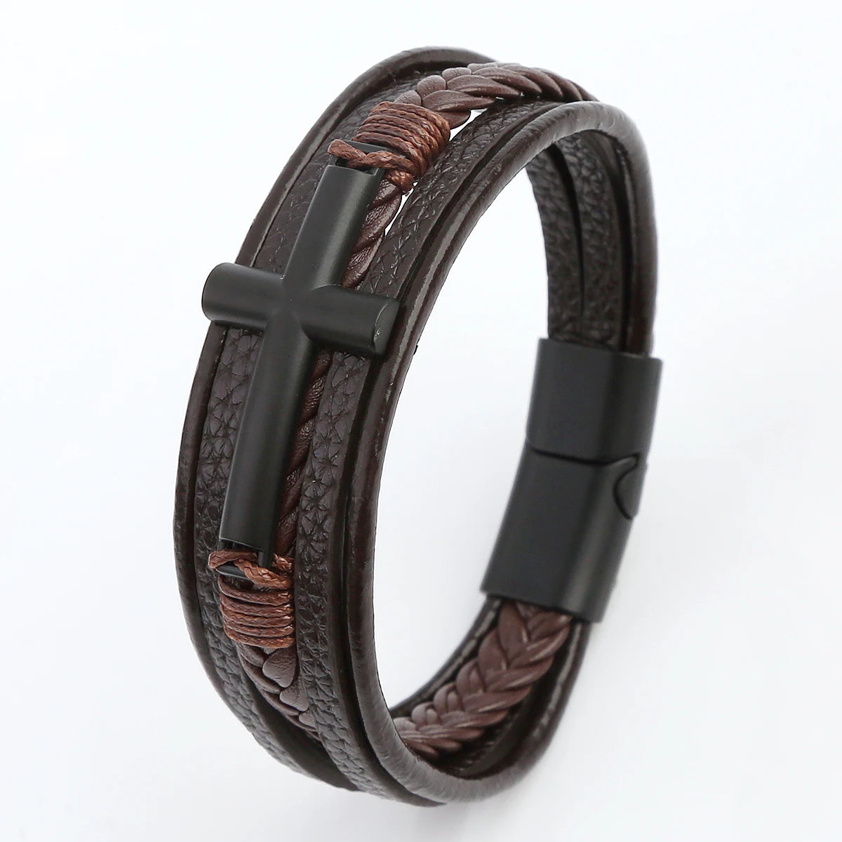 Black Cross Decorative Punk Leather Bracelet – Multilayer Braided Magnetic Clasp for Men - Image 2