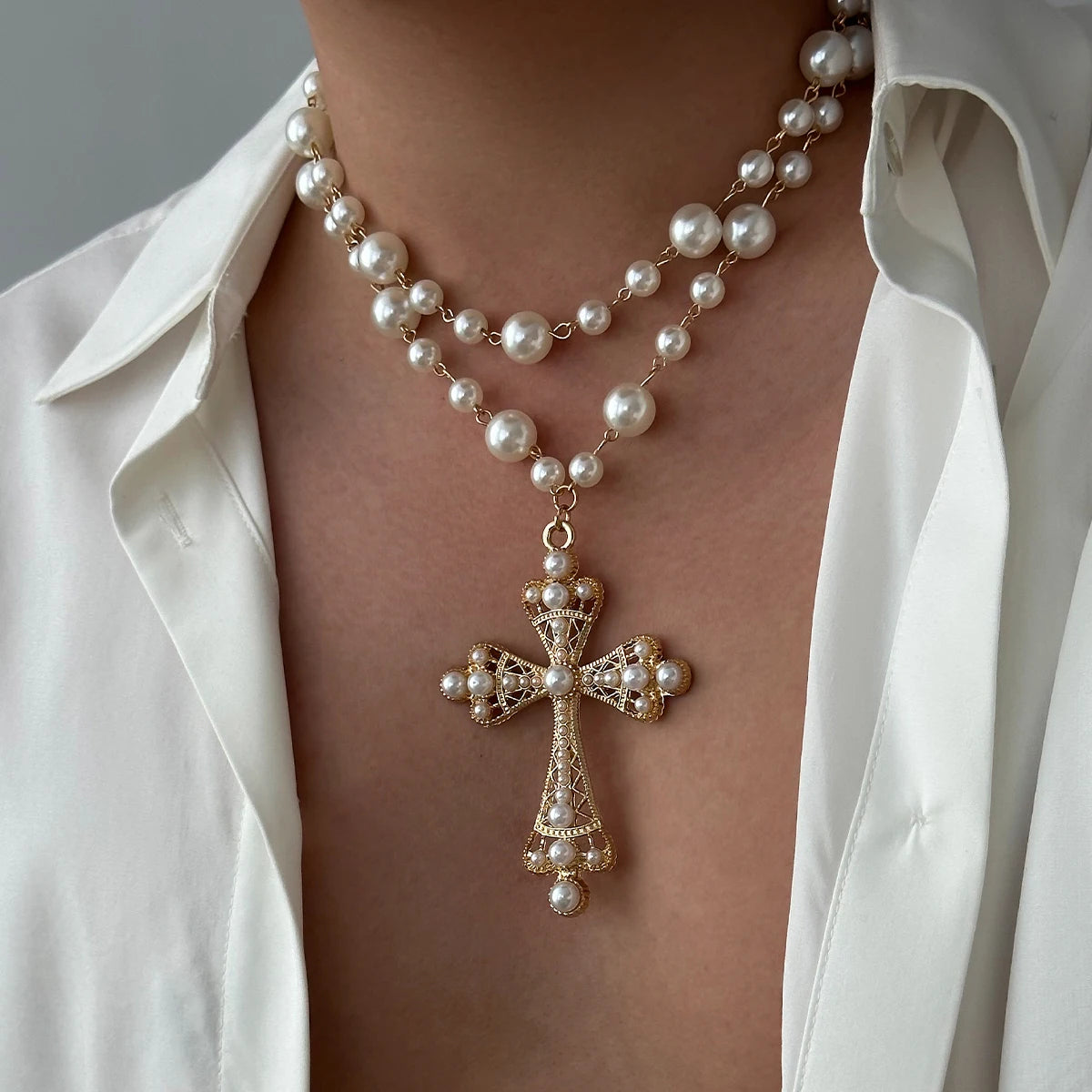 IngeSight.Z Elegant Pearl Cross Choker Necklace – Goth‑Chic 2‑in‑1 Statement Piece