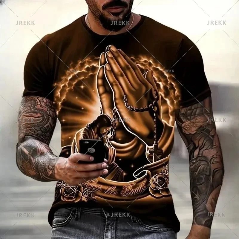 3D Jesus Print Pray T-Shirt – Christian Fashion Oversized Tee for Men - Image 9