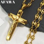 Jesus Cross Crucifix Pendant Necklace – Gold Stainless Steel Christian Jewelry for Men