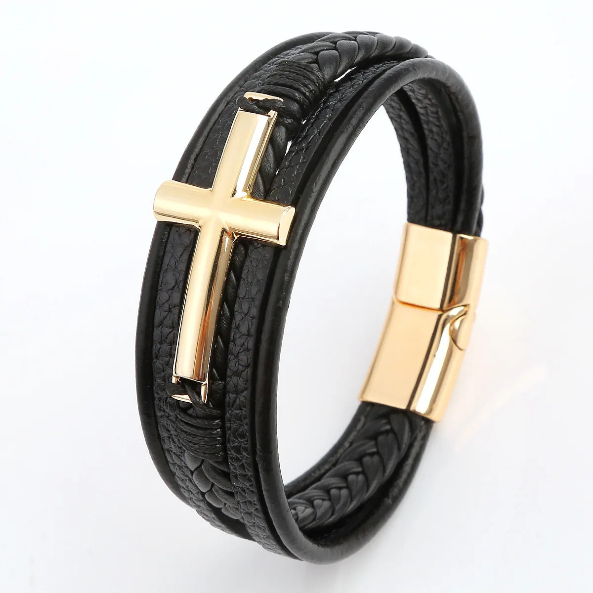 Black Cross Decorative Punk Leather Bracelet – Multilayer Braided Magnetic Clasp for Men - Image 13