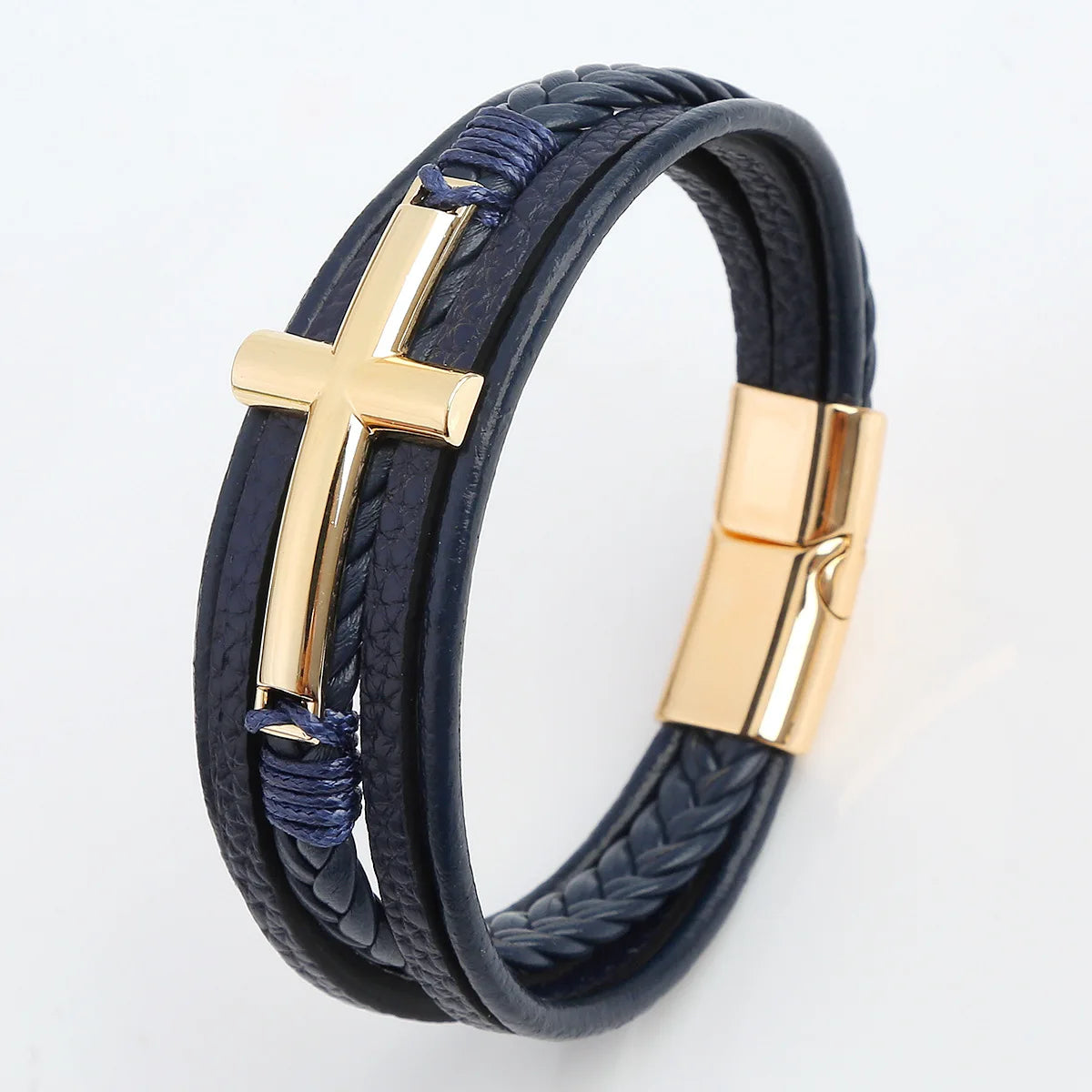 Black Cross Decorative Punk Leather Bracelet – Multilayer Braided Magnetic Clasp for Men - Image 8