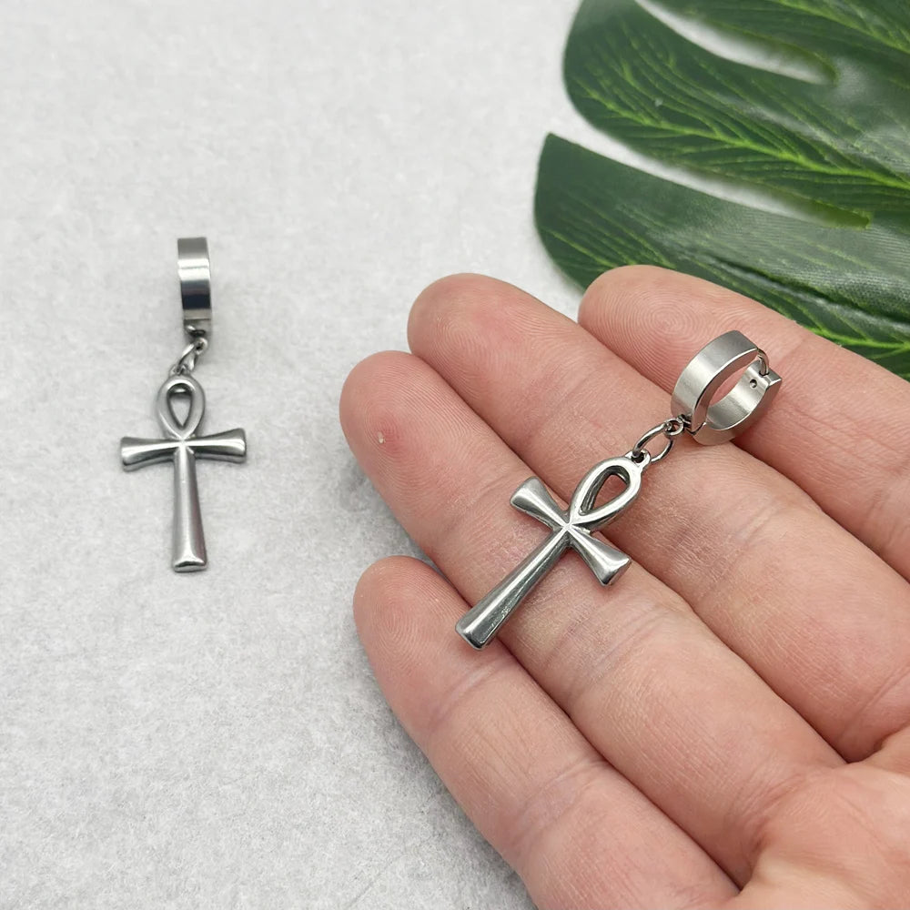 Egyptian Ankh Cross Drop Earrings – Key of Life Stainless Steel Hoops for Men & Women - Image 5