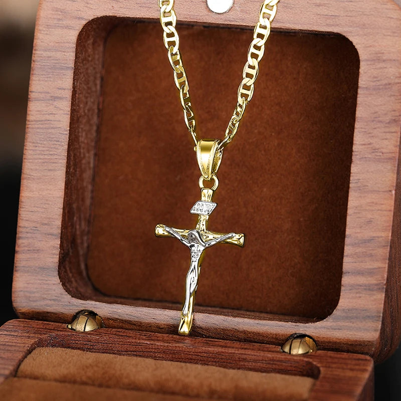 Huitan Religious Cross Pendant Necklace – Two-Tone Plated Jewelry for Men & Women - Image 3