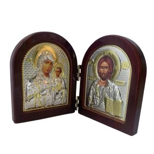 Jesus Wood Icon with Double Virgin Mary Statues