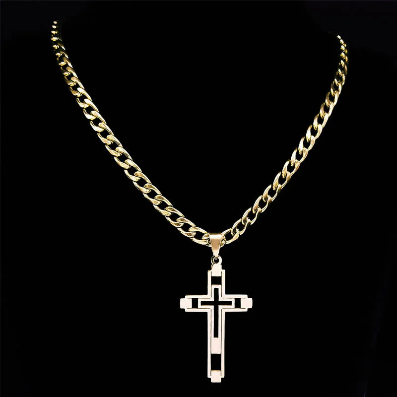 2024 Hip Hop Cross Stainless Steel Chain Necklaces Gold Color Long Pendant Necklace for Women/Men Jewelry collier homme N6055S05 - Image 5