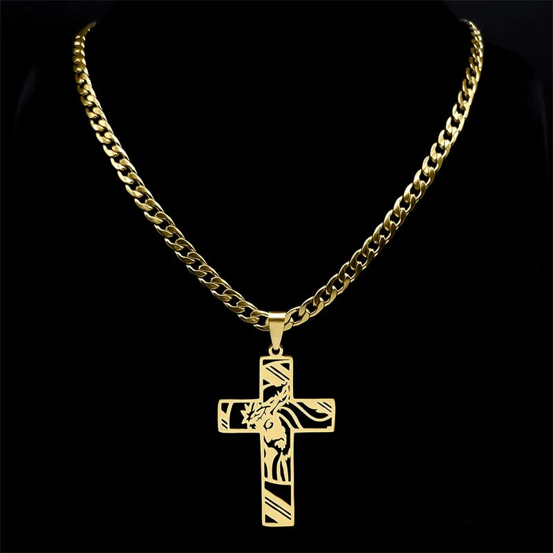 Crown of Thorns Jesus Cross Necklace – Gold-Plated Hip Hop Punk Crucifix Pendant for Men - Image 2