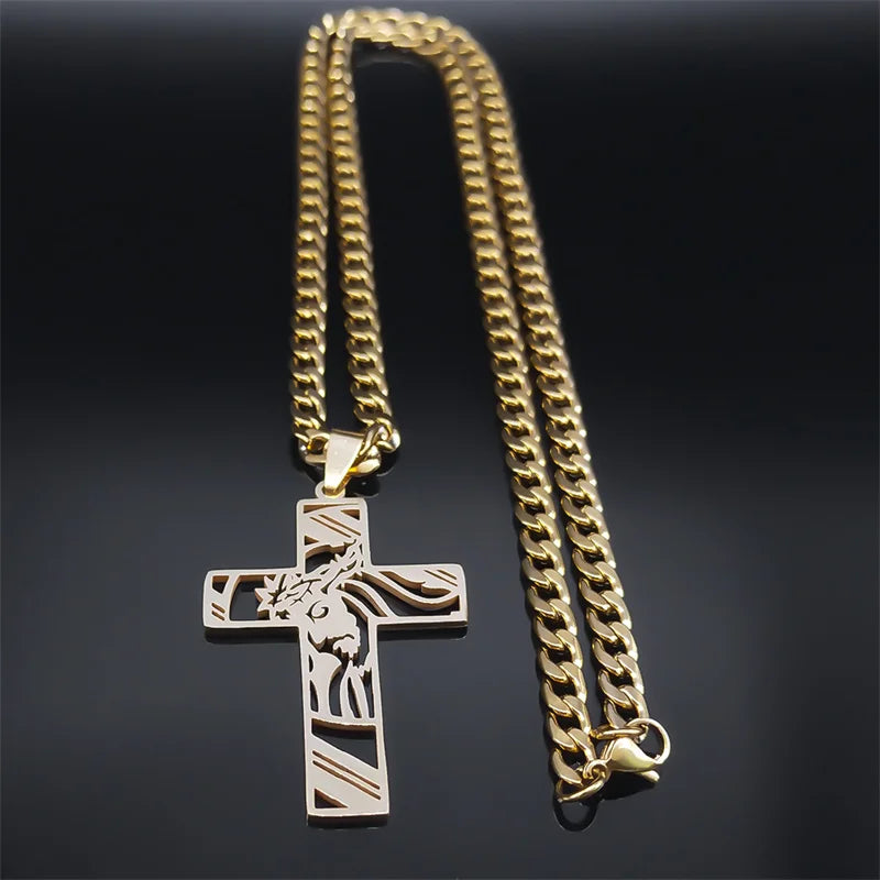 Crown of Thorns Jesus Cross Necklace – Gold-Plated Hip Hop Punk Crucifix Pendant for Men - Image 3