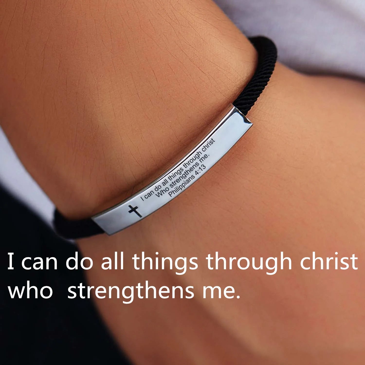 Cross Jesus Scripture Quote Bracelet – Engraved Bible Verse Stainless Steel Wristband - Image 4
