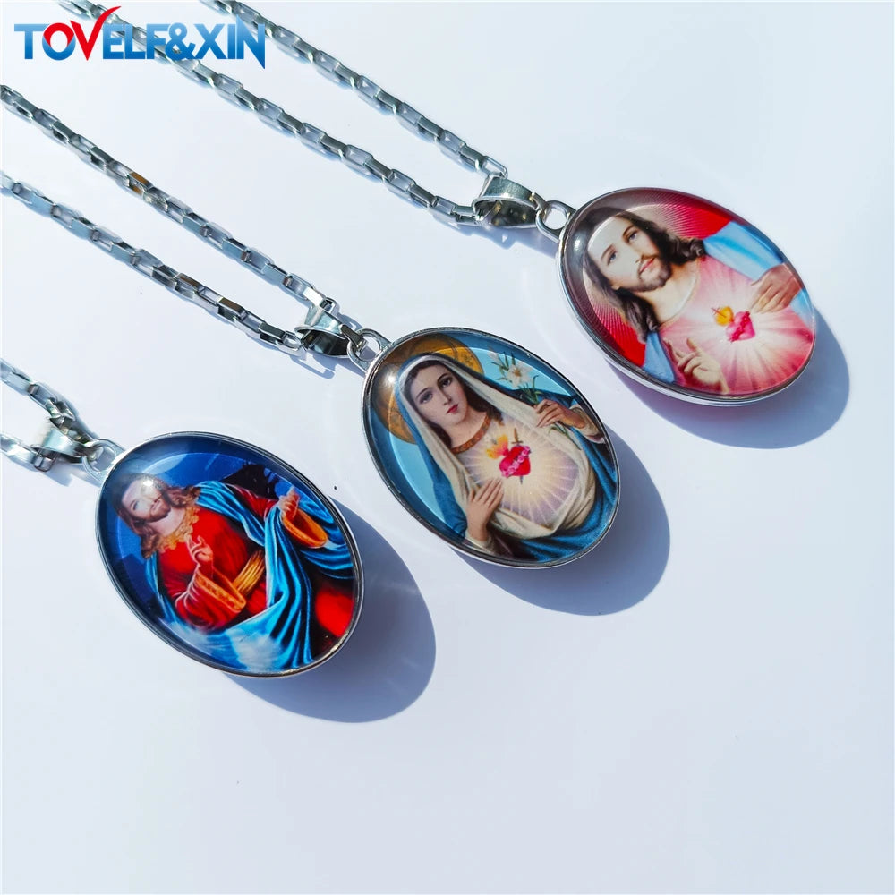 Jesus & Maria Double-Sided Pendant Necklace – Stainless Steel Christian Jewelry Gift - Image 3