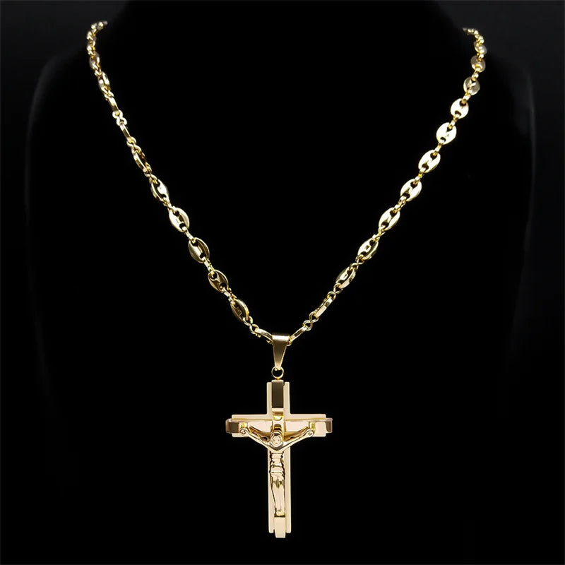 Jesus Cross Crucifix Pendant Necklace – Gold Stainless Steel Christian Jewelry for Men - Image 4