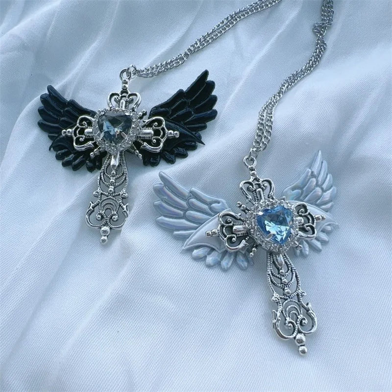 Gothic Wings Cross Pendant Necklace – Y2K Heart Crystal Choker Punk Charm for Women - Image 6