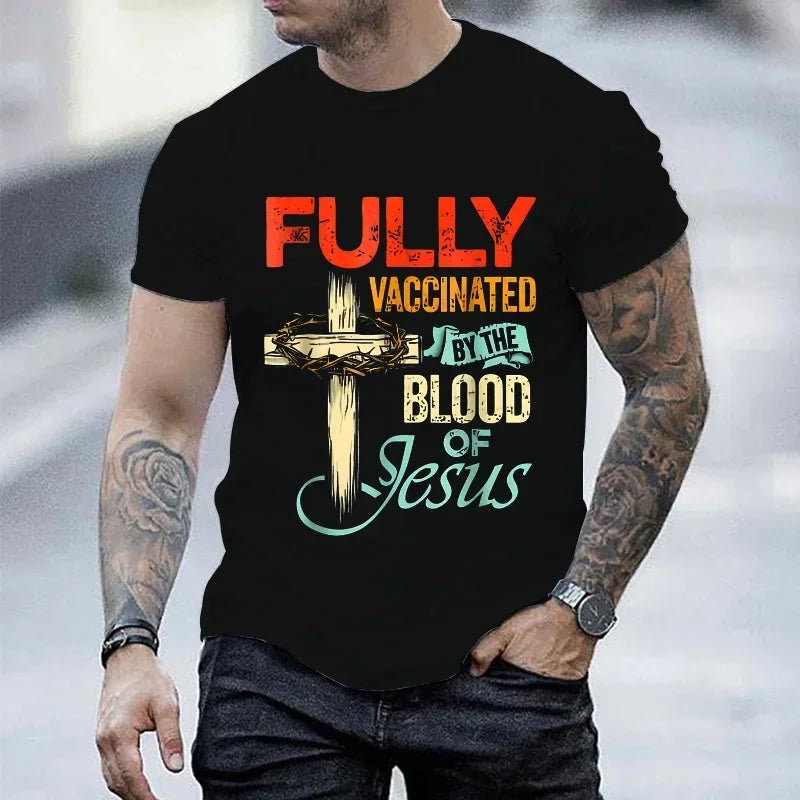 2025 "Vaccinated by the Blood of Jesus" T-Shirt – Funny Christian Streetwear for Men - Image 2