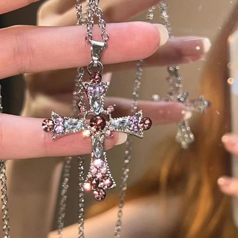 ChatGPT said: New Y2K Punk Pink Purple Zircon Cross Necklace – Rhinestone Clavicle Chain for Women - Image 7