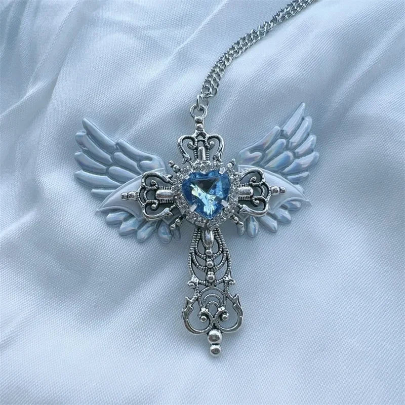 Gothic Wings Cross Pendant Necklace – Y2K Heart Crystal Choker Punk Charm for Women - Image 7